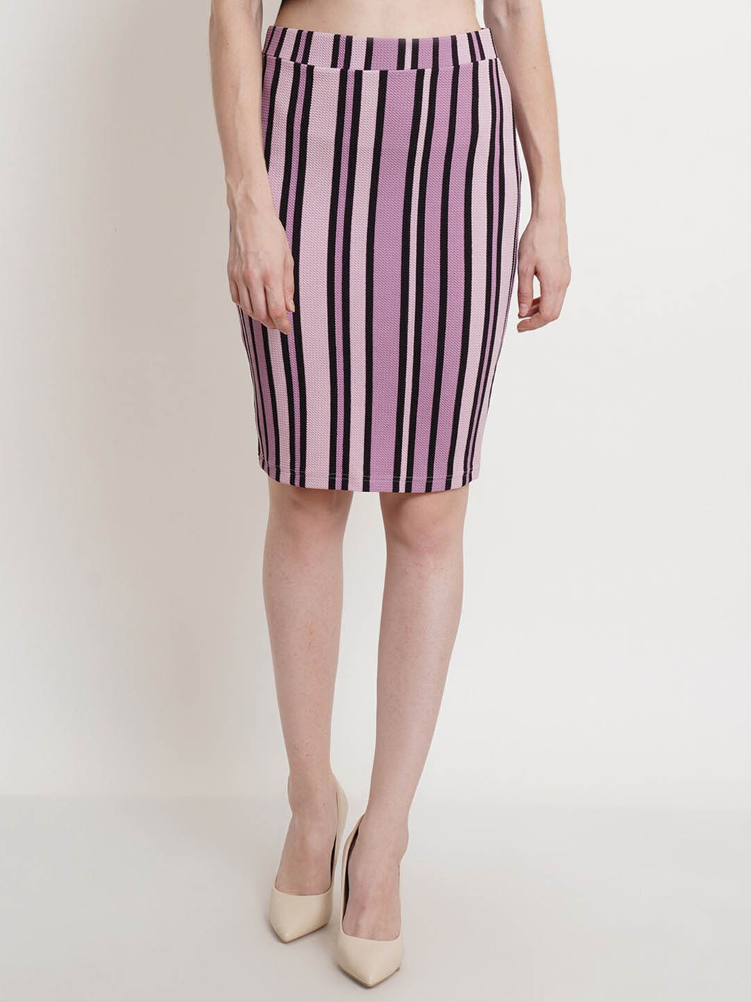 

Popwings Striped Pencil Knee Length Slip-On Skirt, Purple