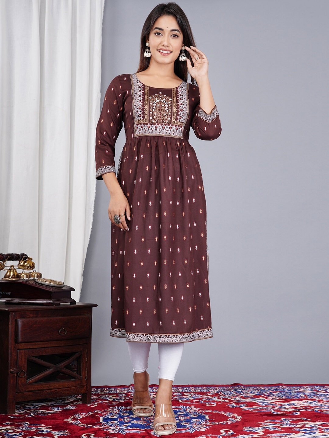 

SkyaSia Ethnic Motifs Printed Thread Work A-Line Kurta, Coffee brown