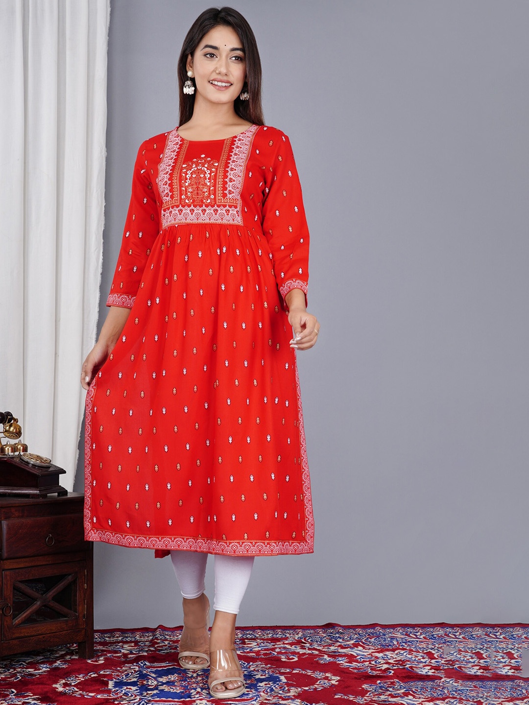 

SkyaSia Ethnic Motifs Printed & Embroidered A-Line Kurta, Red