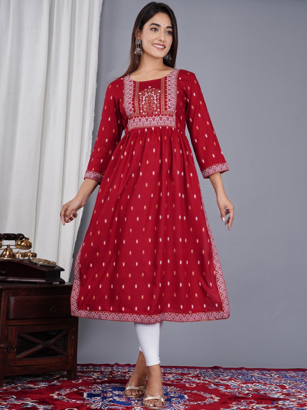 

SkyaSia Ethnic Motifs Printed & Embroidered A-Line Kurta, Maroon