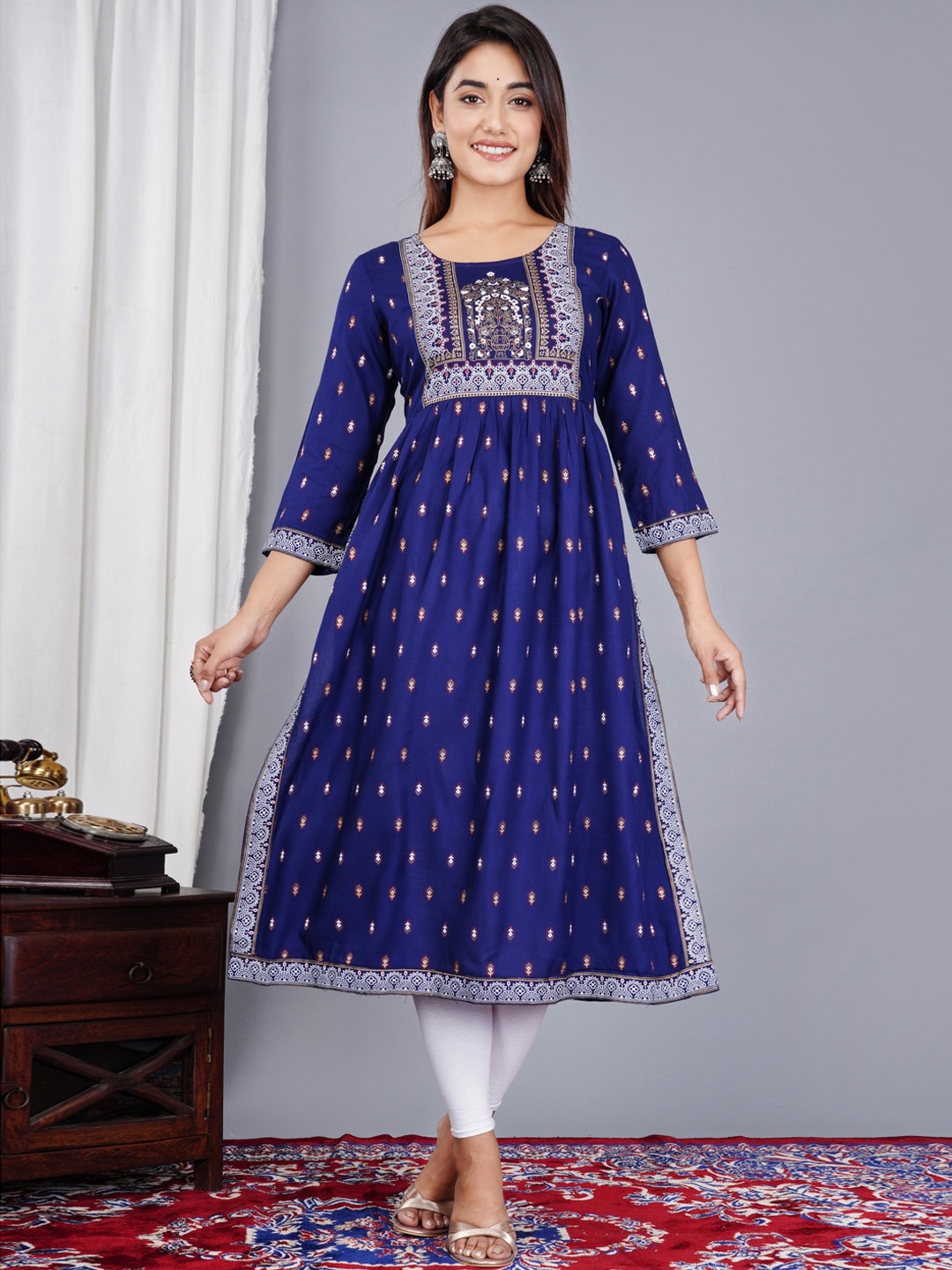 

SkyaSia Ethnic Motifs Printed & Embroidered A-Line Kurta, Blue