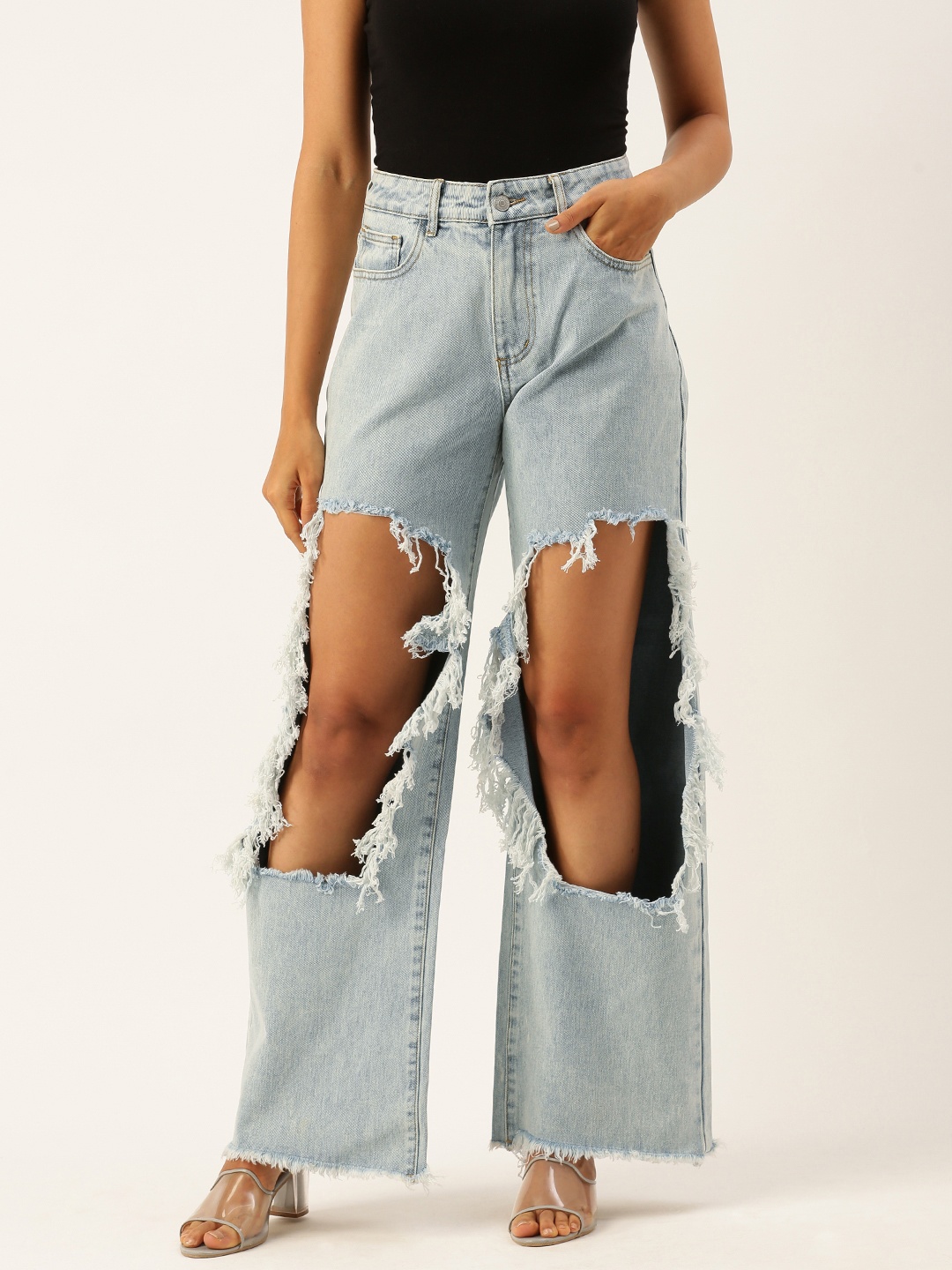

FOREVER 21 Straight Fit Highly Distressed Jeans, Blue