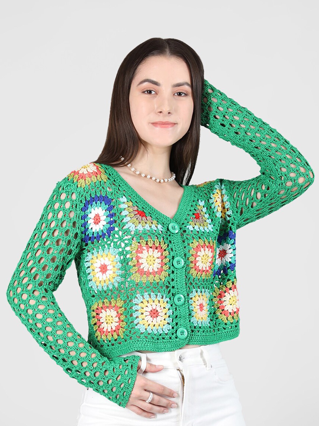 

Dlanxa Floral Print Woollen Crochet Shirt Style Top, Green