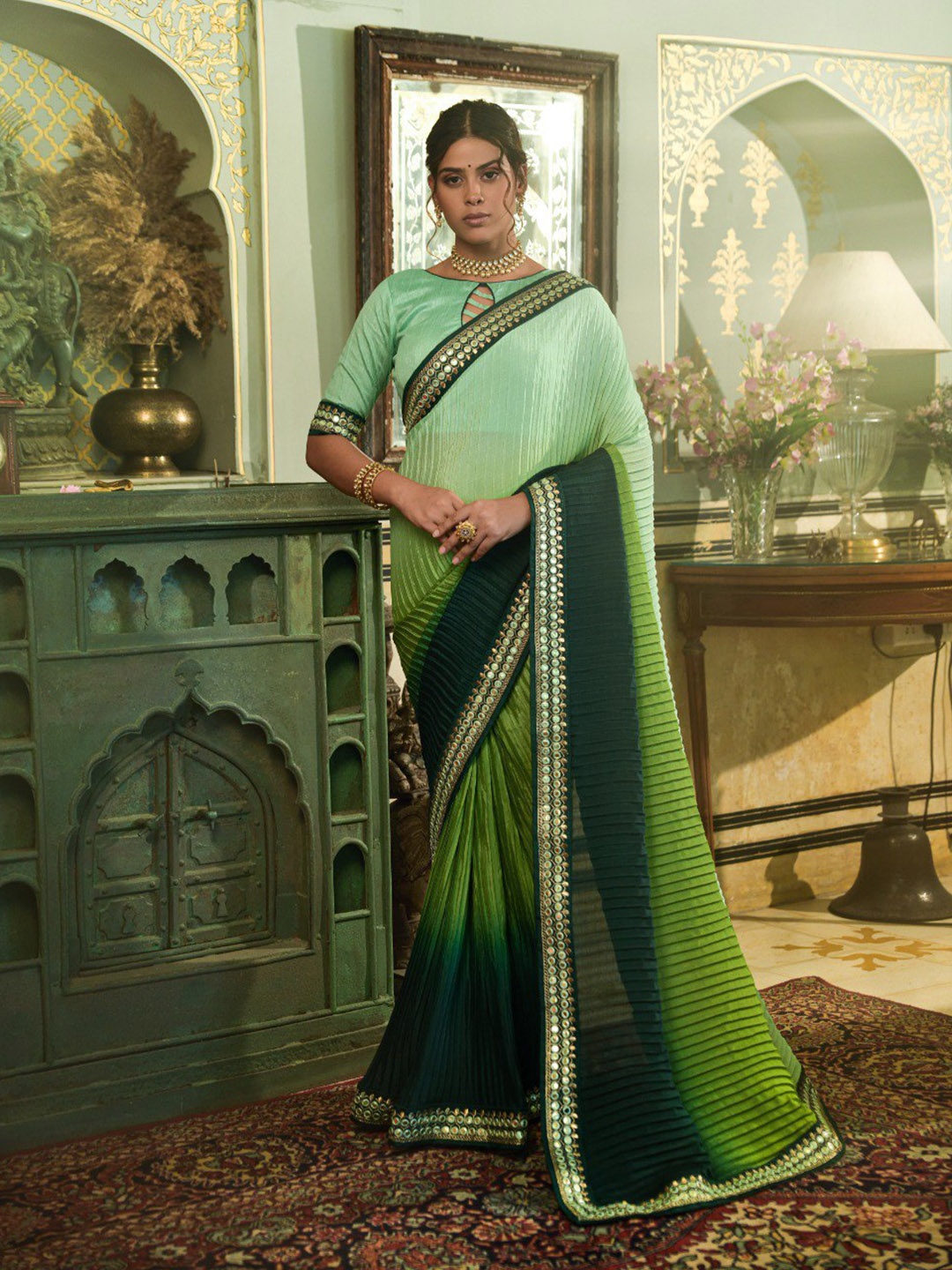 

VEERAX Ombre Embroidered Poly Chiffon Saree, Green