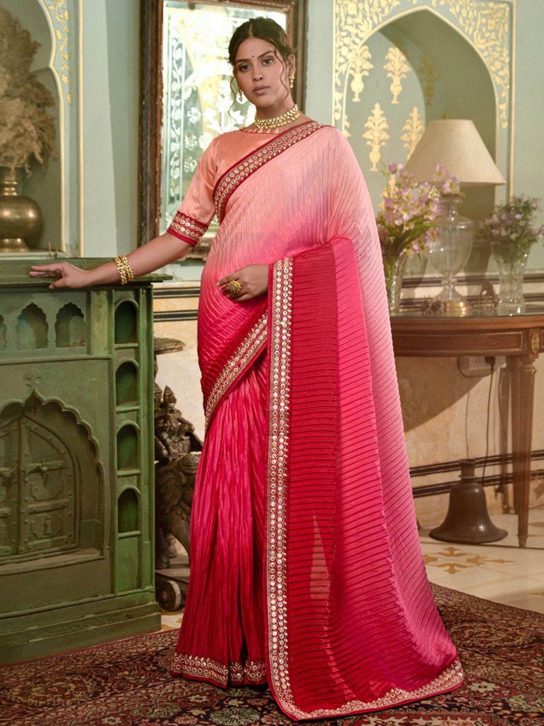 

VEERAX Ombre Embroidered Poly Chiffon Saree, Pink