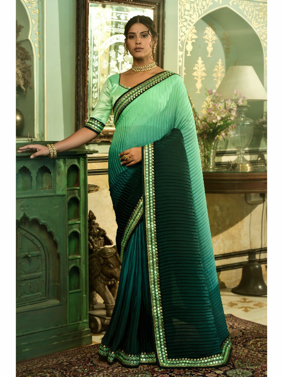 

VEERAX Ombre Embroidered Poly Chiffon Saree, Green