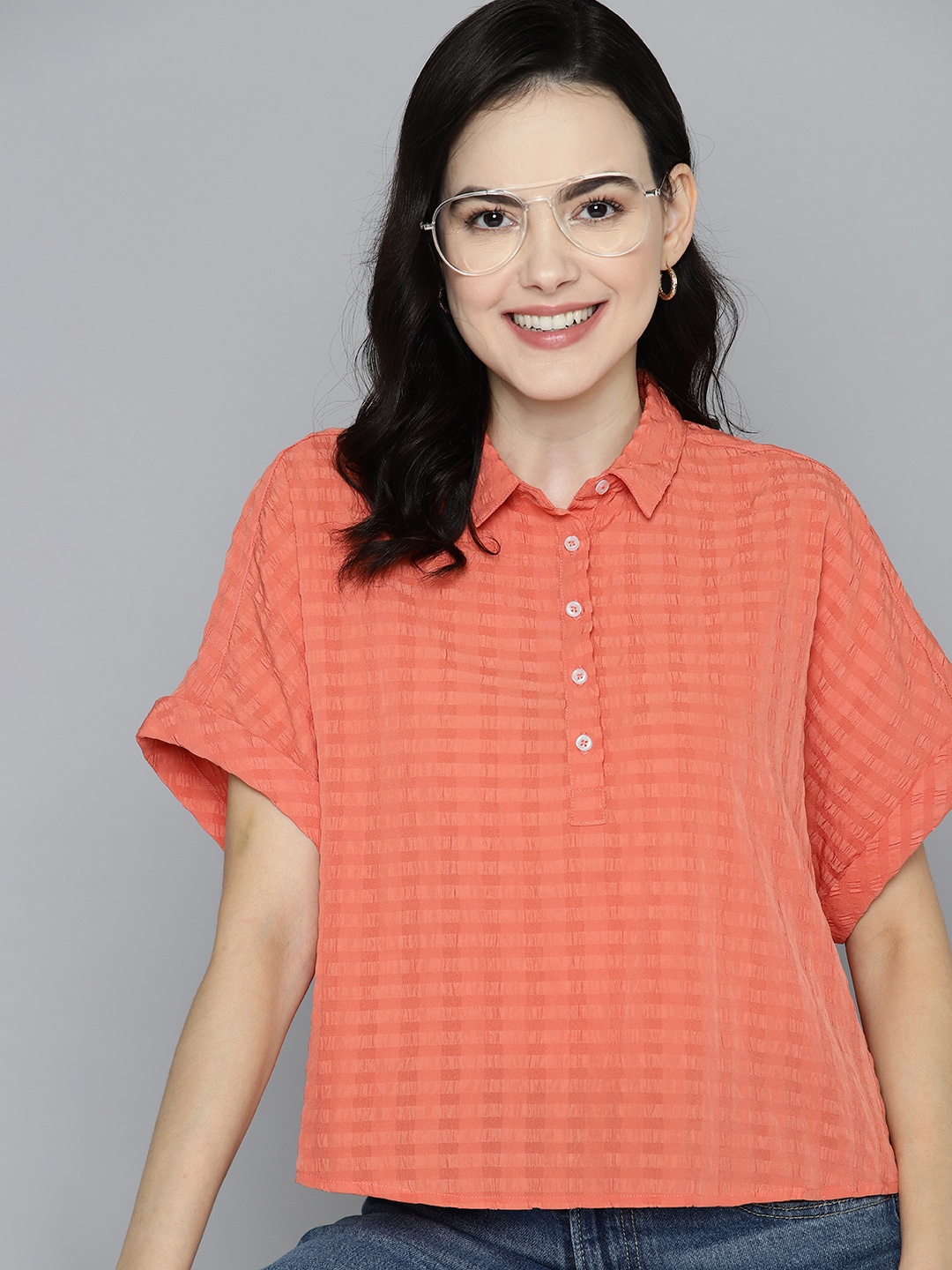 

Mast & Harbour Self Design Shirt Style Top, Peach