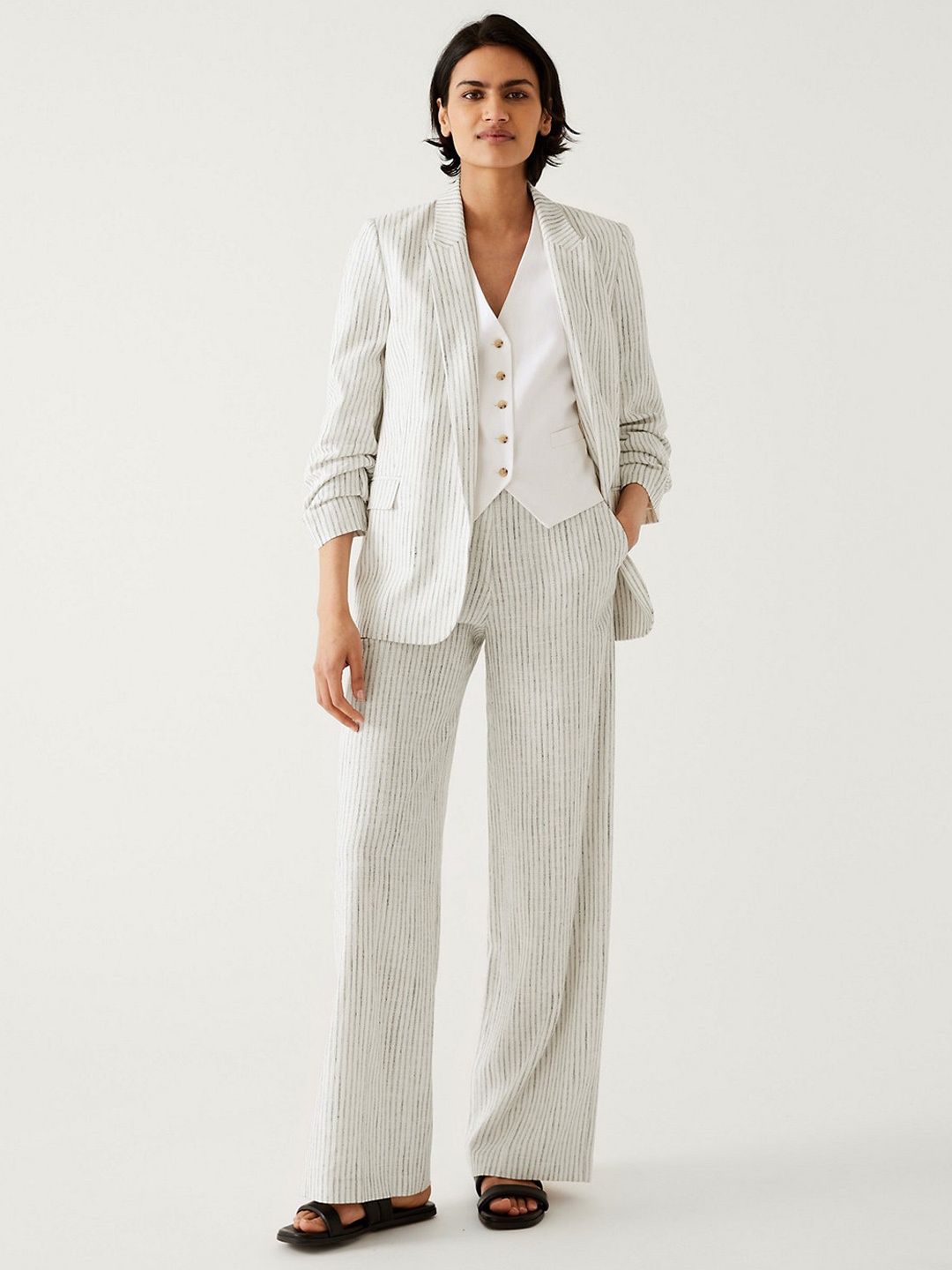 

Marks & Spencer Striped Peaked Lapel Collar Front Open Blazer, White