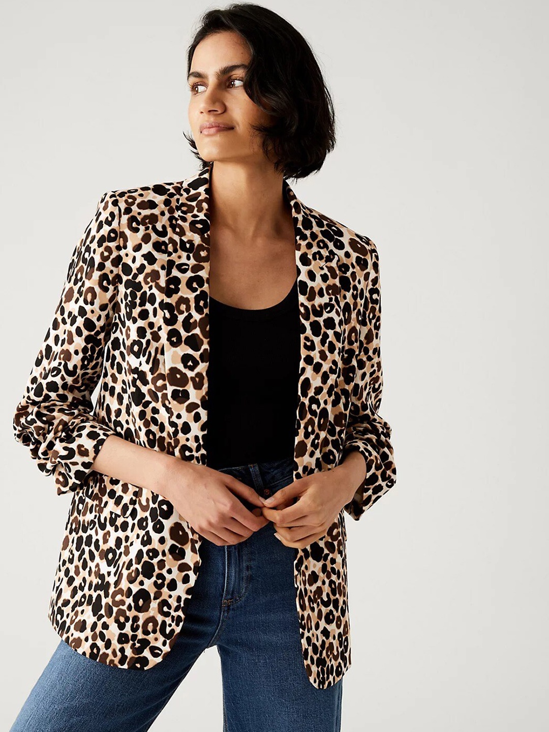 

Marks & Spencer Animal Printed Front-Open Blazer, Brown