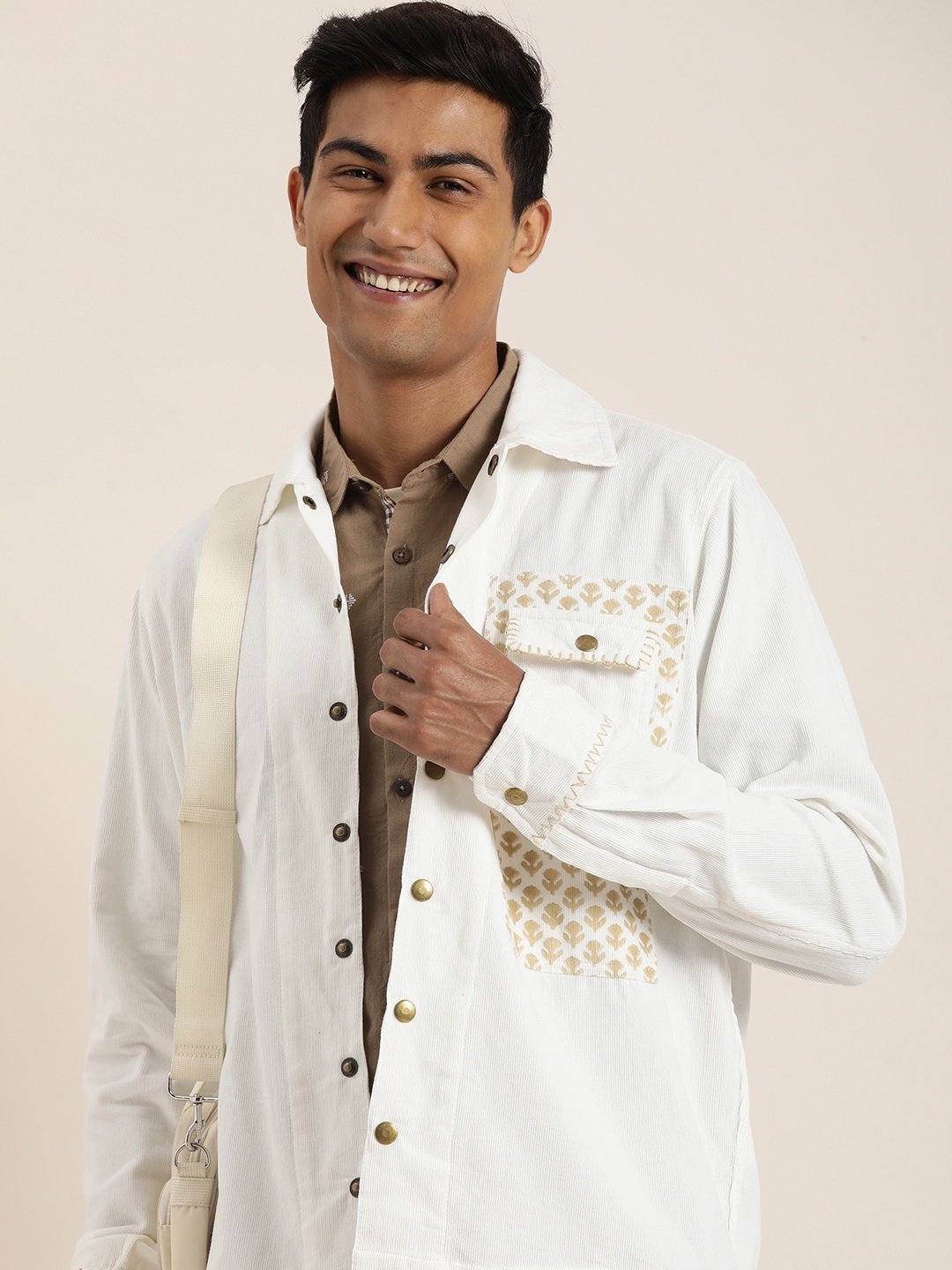 

Taavi Outer-Wear Floral Printed Pure Cotton Corduroy Tailored Jacket, White
