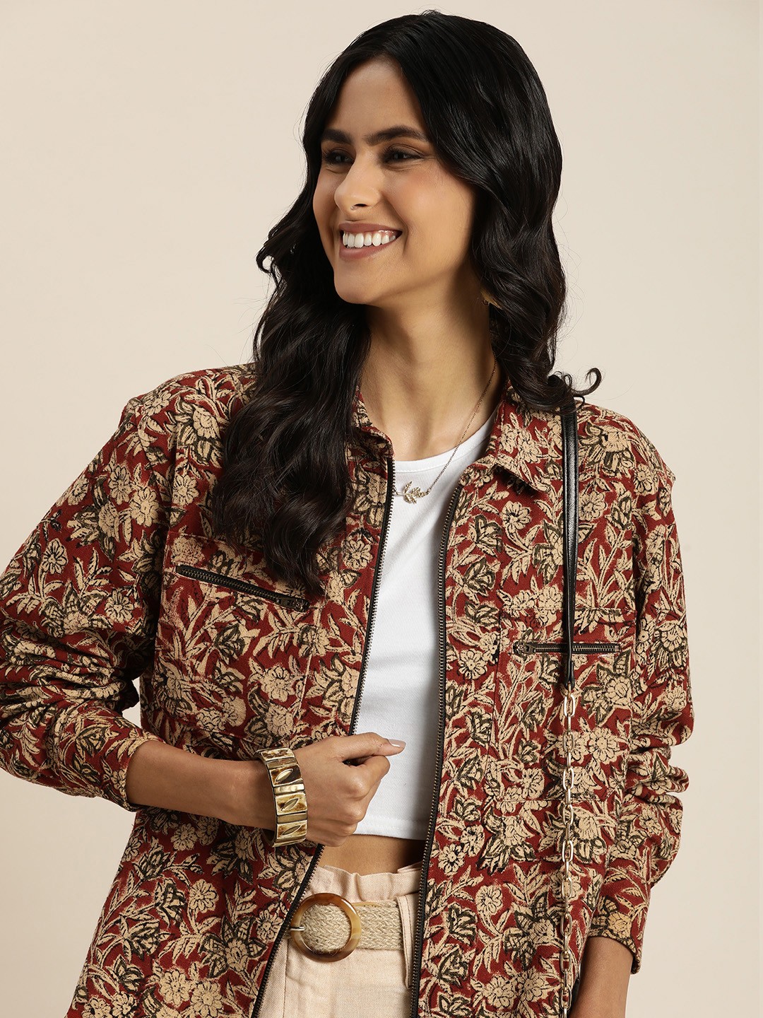 

Taavi Outer Wear Floral Printed Pure Cotton Tailored Jacket, Rust