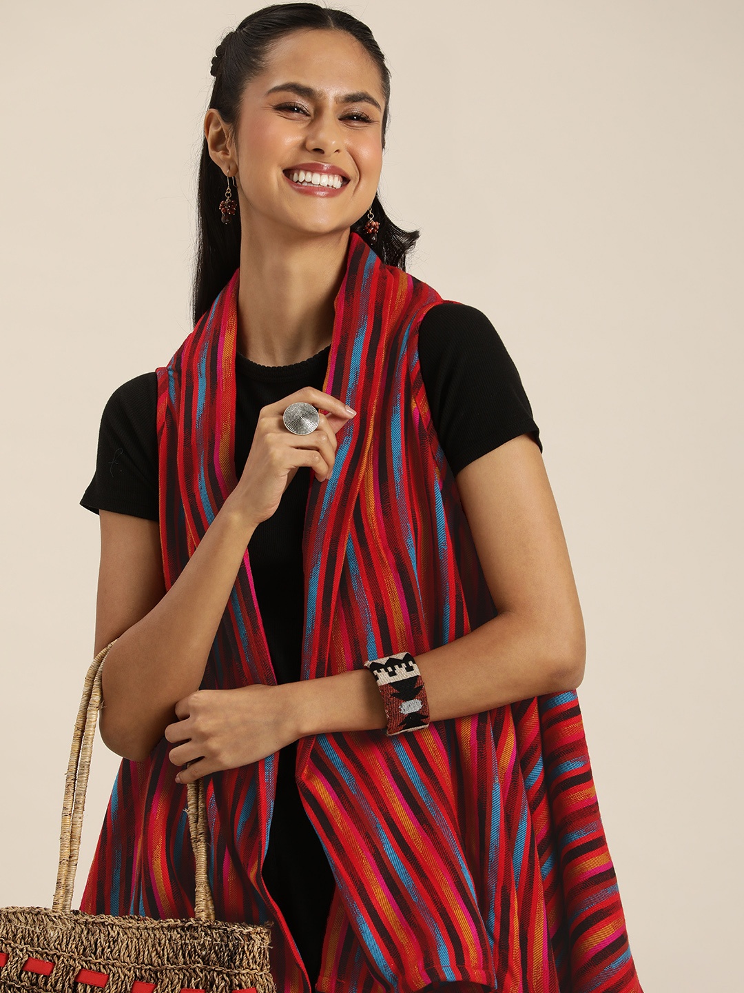 

Taavi Ikat Woven Striped Open Front High-Low Longline Outer-Wear Shrug, Multi