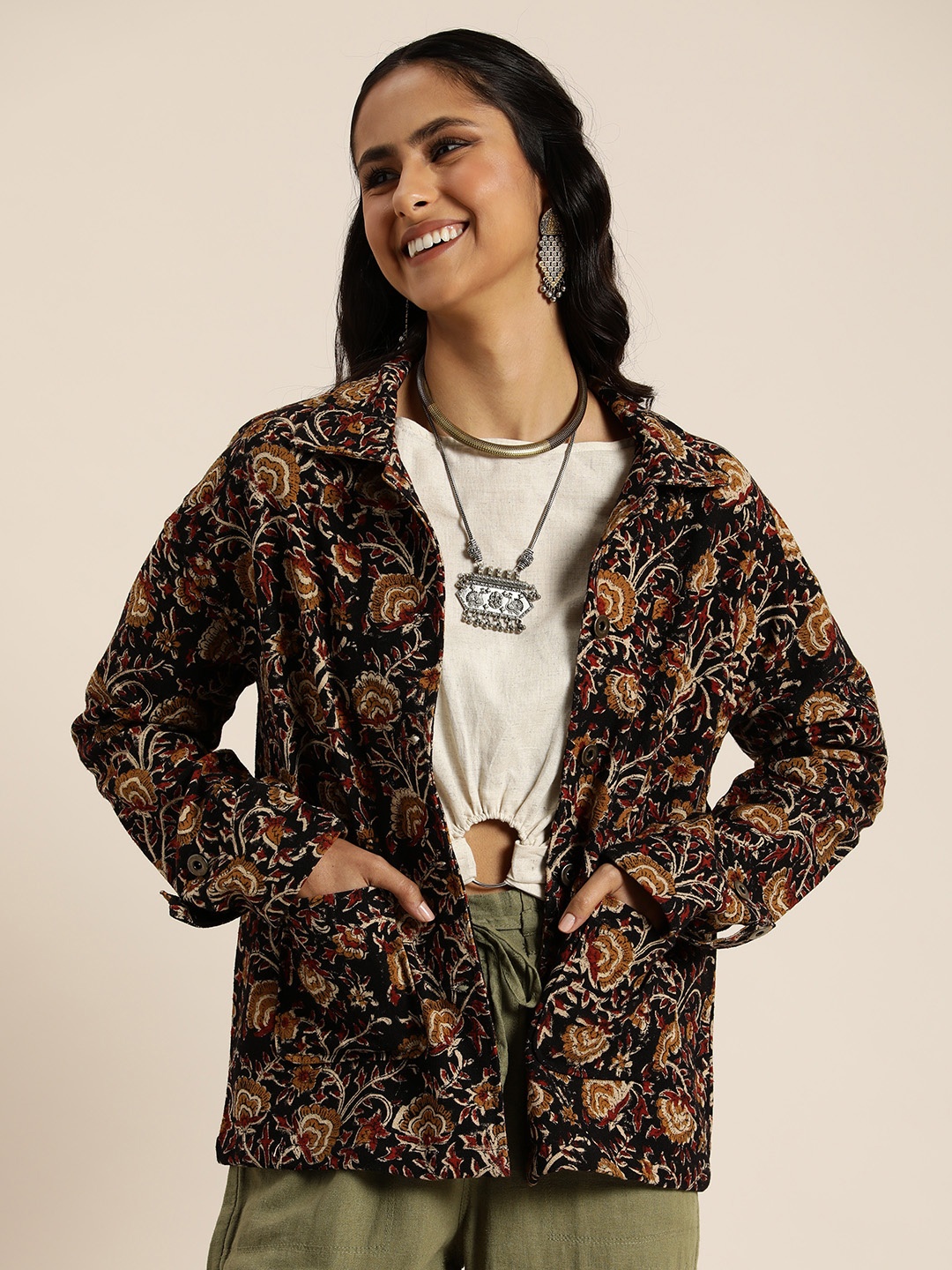 

Taavi Spread Collar Floral Tailored Pure Cotton Outer Wear Jacket, Beige