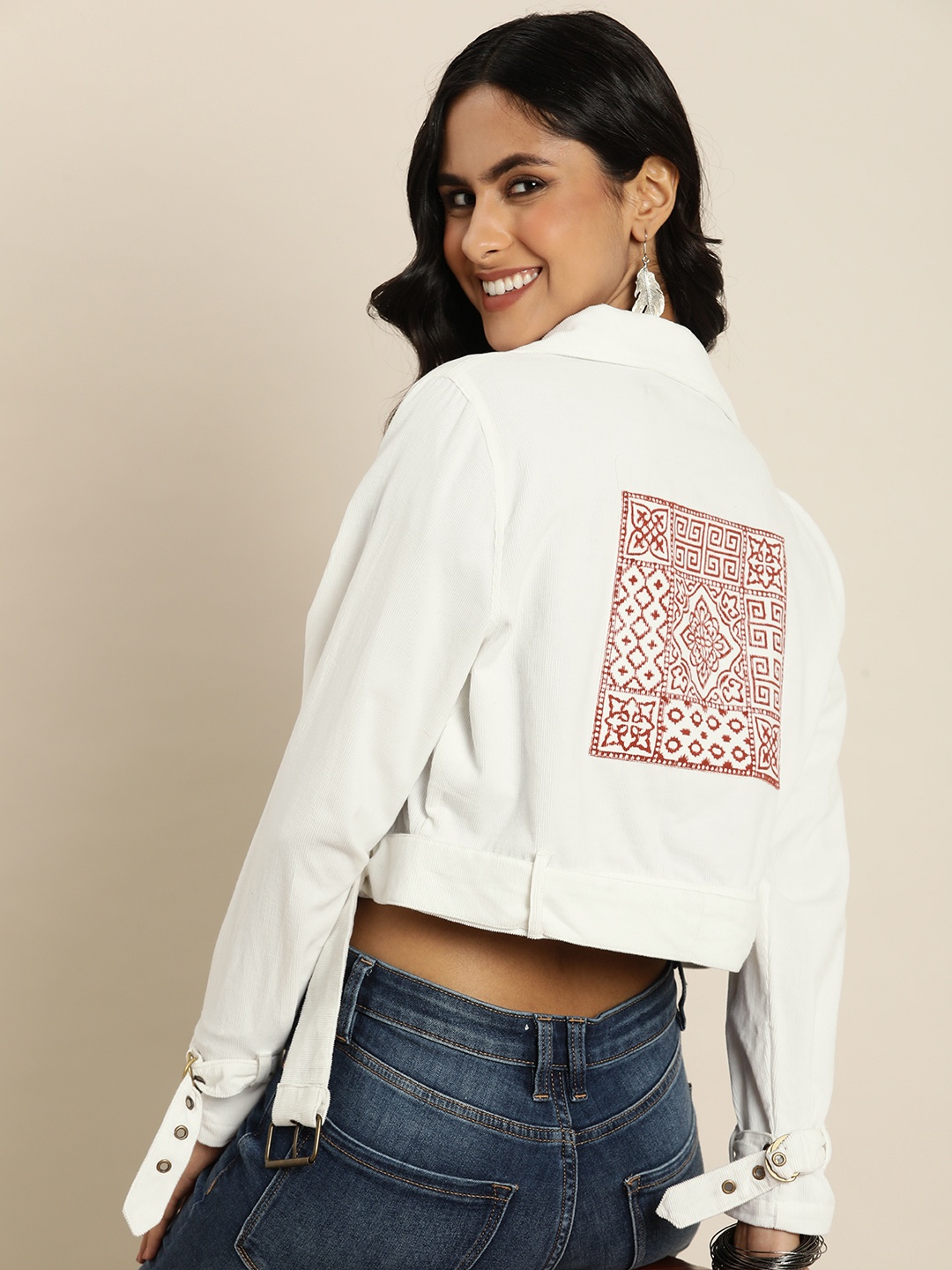 

Taavi Handblock Patch Print Pure Cotton Tailored Jacket, White