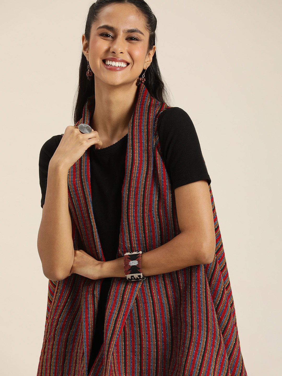 

Taavi Woven Legacy Striped Open Front High-Low Longline Outer-Wear Shrug, Multi