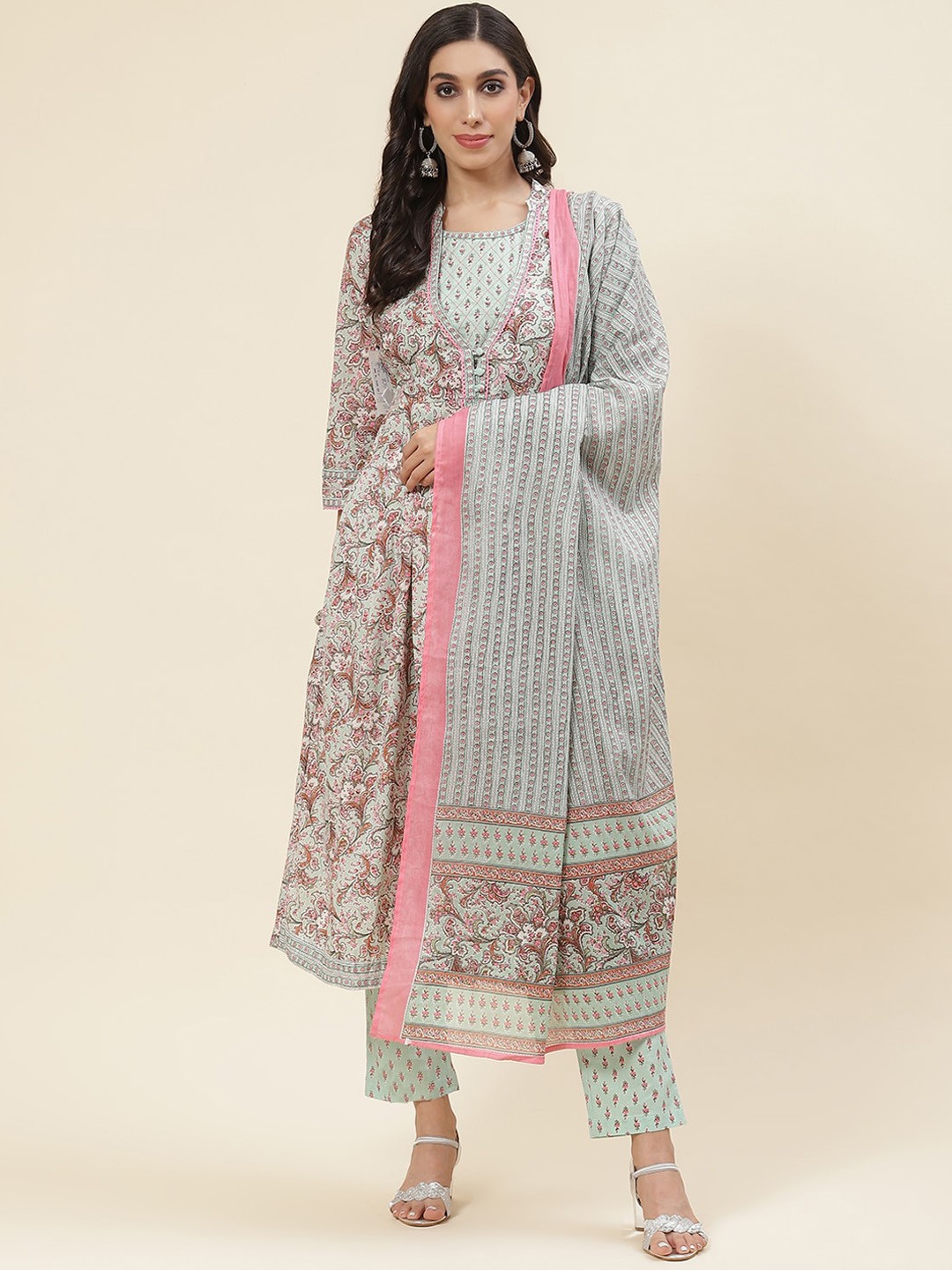 

Meena Bazaar Floral Printed Empire Kurta & Trousers With Dupatta, Sea green