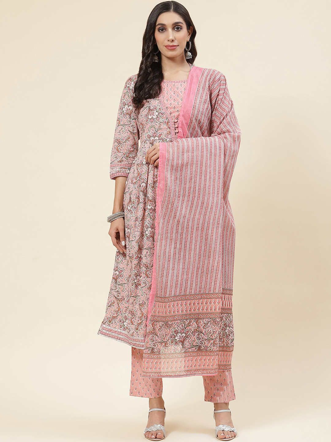 

Meena Bazaar Floral Printed Empire Kurta & Trousers With Dupatta, Pink