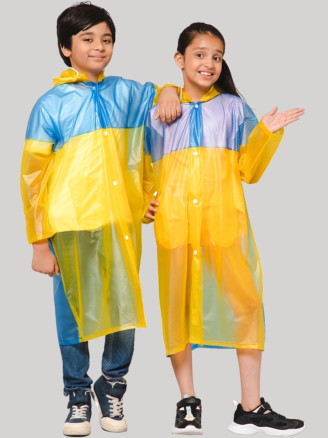 

THE CLOWNFISH Puddle Jumper Kids Colourblocked Waterproof Raincoat With Adjustable Hood, Blue