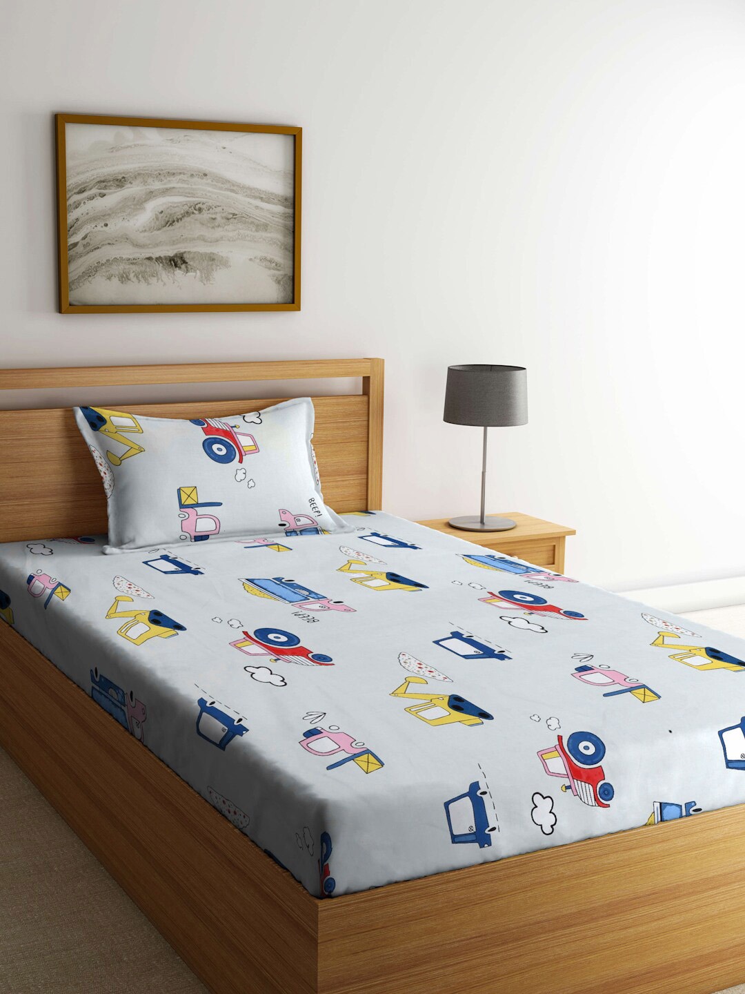 

KLOTTHE Blue & Red Printed 300 TC Fitted Single Bedsheet & Pillow Cover