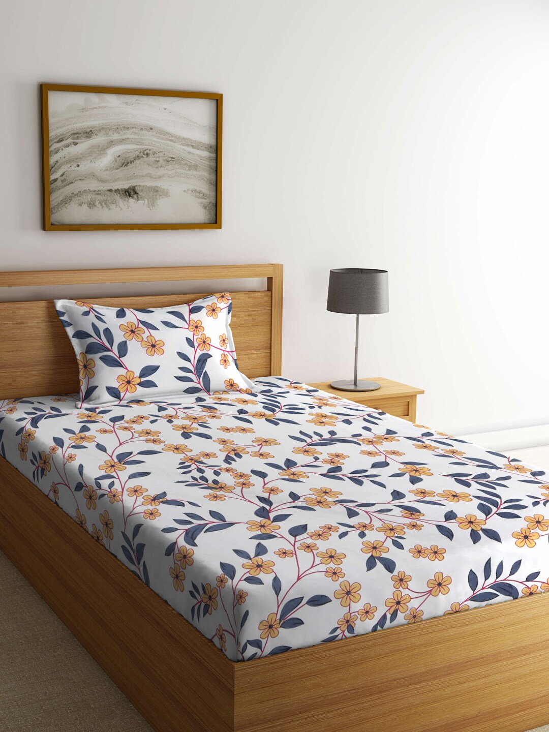 

KLOTTHE White & Brown Floral Printed 300 TC Fitted Single Bedsheet & Pillow Cover