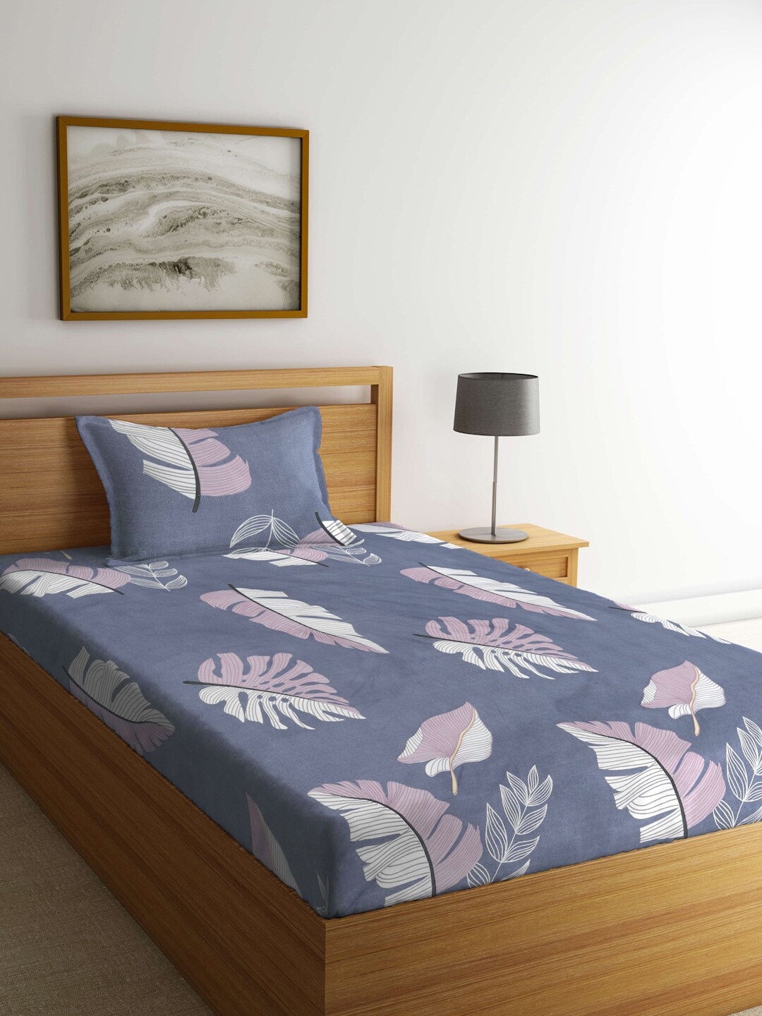 

KLOTTHE White & Blue Printed 300TC Fitted Single Bedsheet With 1 Pillow Cover