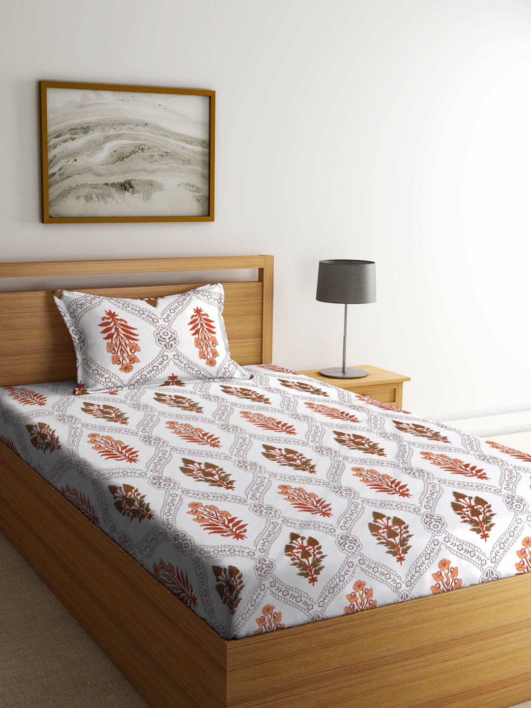 

KLOTTHE Brown & White Printed Fitted 130 TC Single Bedsheet & 1 Pillow Cover