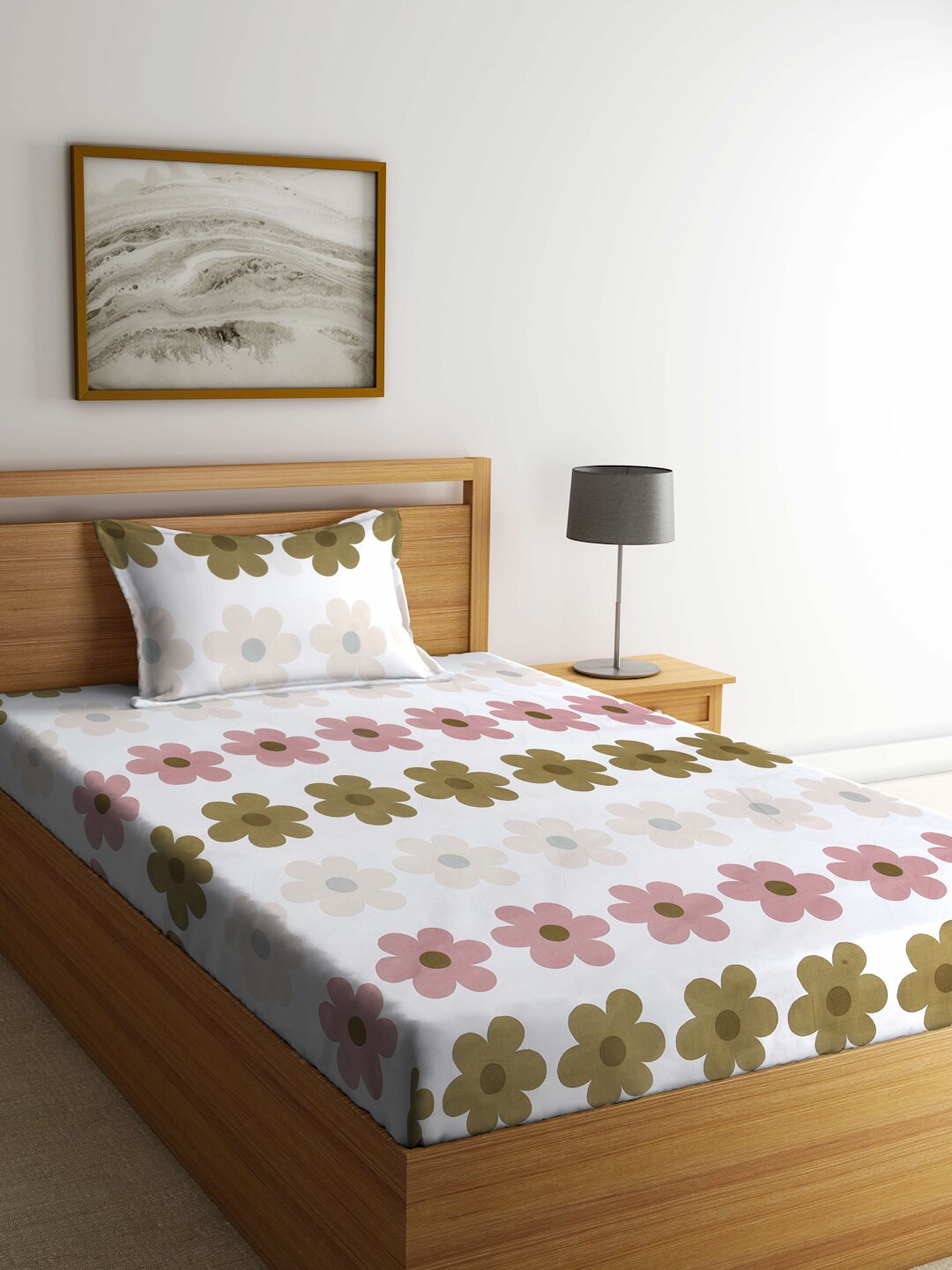 

KLOTTHE White & Green Floral Printed 300 TC Fitted Single Bedsheet With 1 Pillow Cover