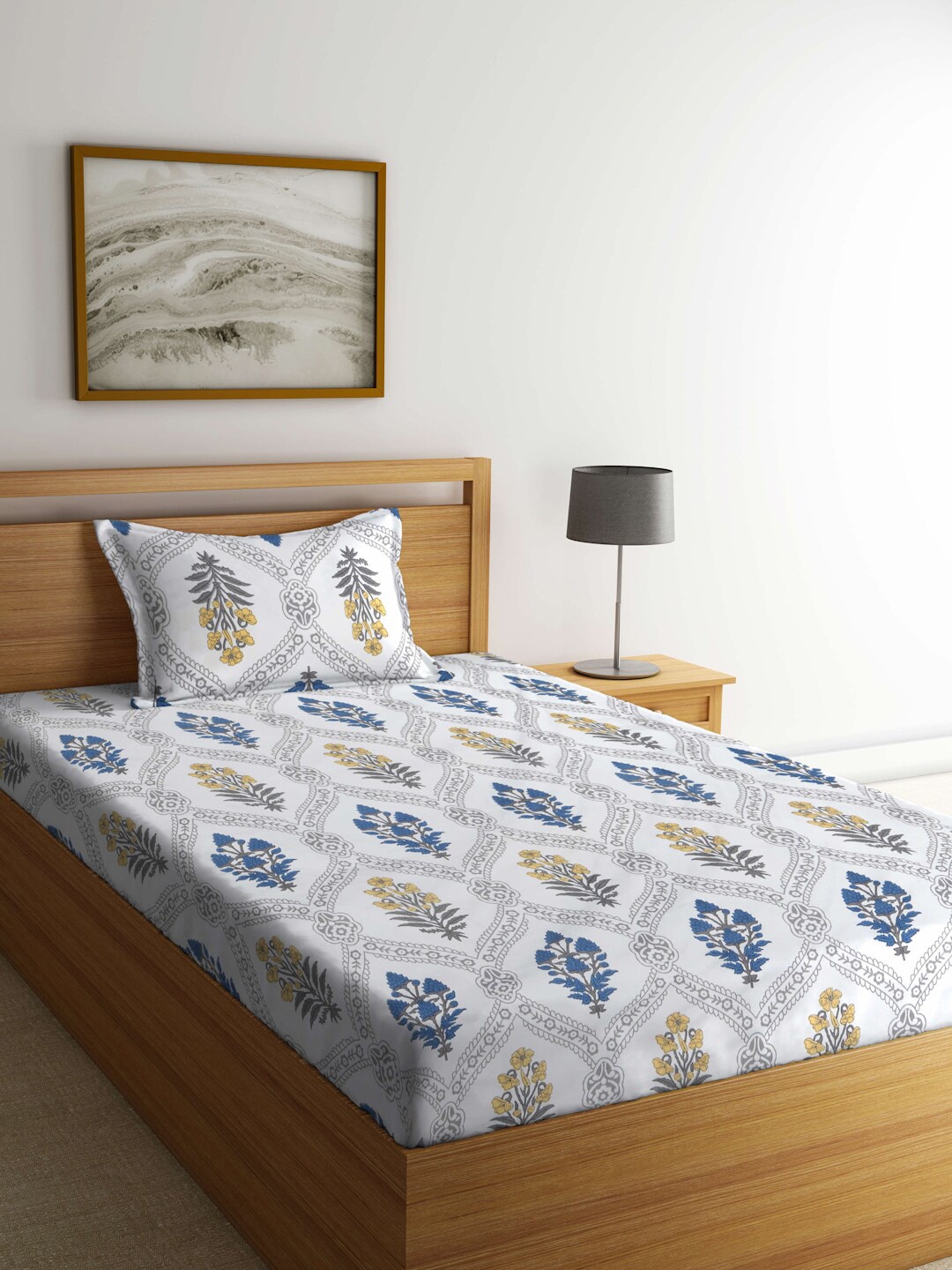 

KLOTTHE Book Fold White & Blue Floral 300 TC Fitted Single Bedsheet & 1 Pillow Cover