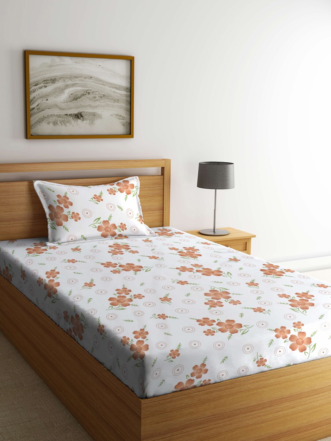 

KLOTTHE White & Brown Floral 300TC Fitted Single Bedsheet & 1 Pillow Cover