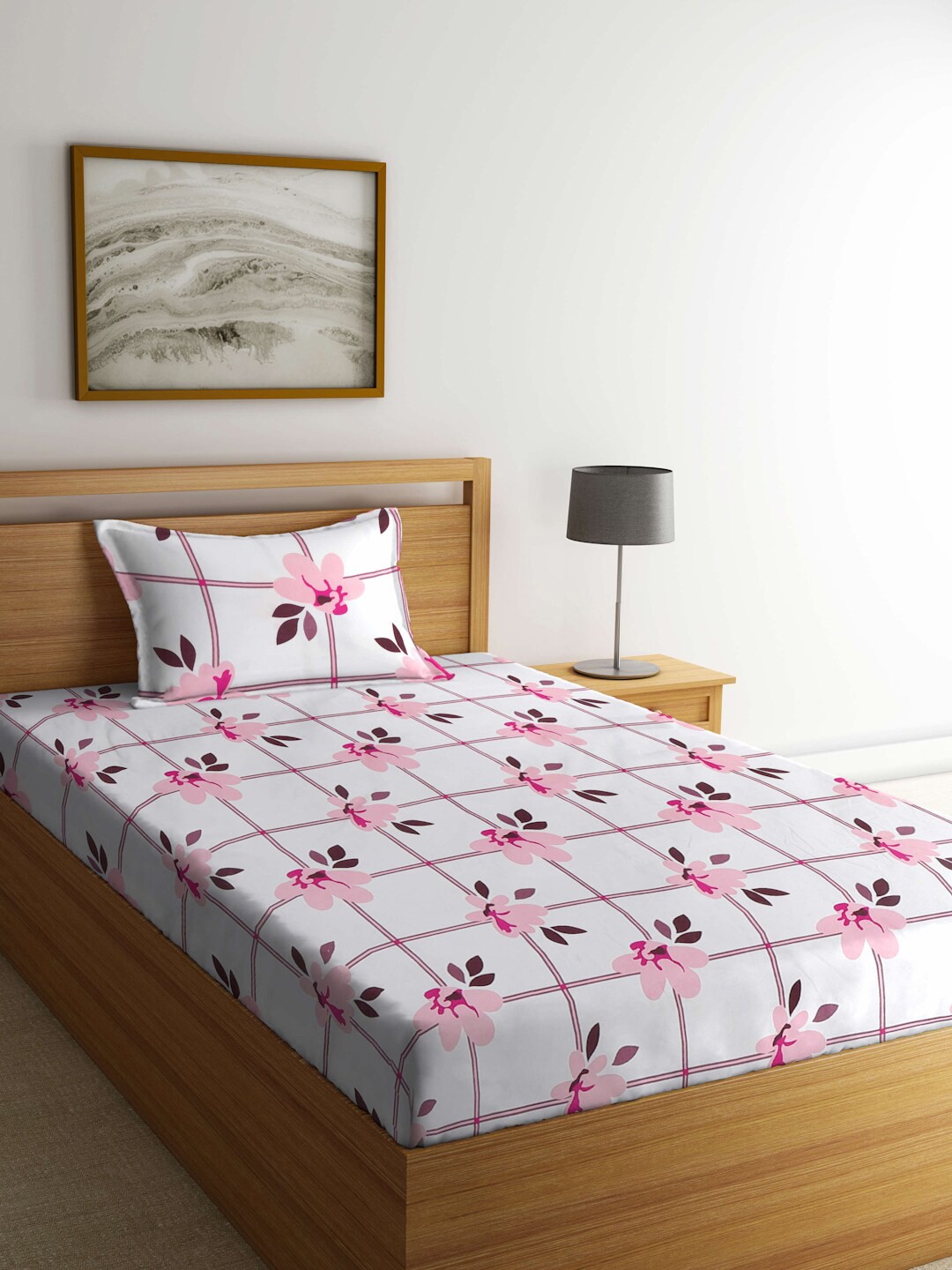 

KLOTTHE White & Pink Floral Printed Fitted 300 TC Single Bedsheet With 1 Pillow Cover