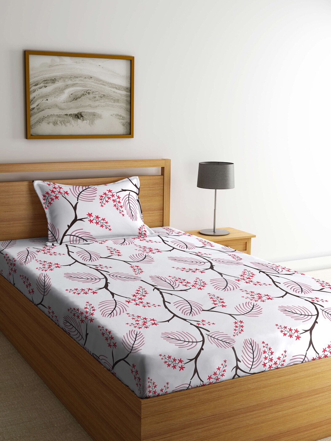 

KLOTTHE White & Red Printed 300 TC Fitted Single Bedsheet & Pillow Cover