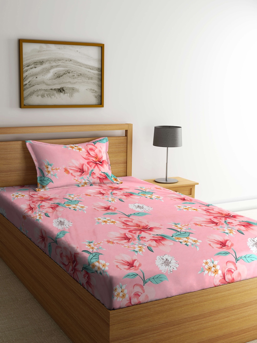 

KLOTTHE Floral 300 TC Fitted Single Bedsheet & 1 Pillow Cover, Pink
