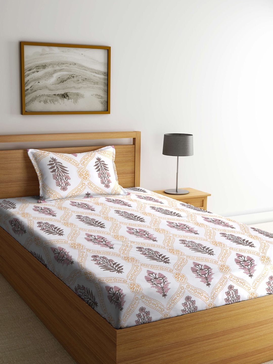 

KLOTTHE White & Pink Ethnic Motifs 300TC Fitted Single Bedsheet With 1 Pillow Cover