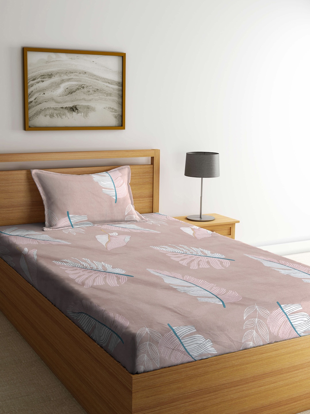 

KLOTTHE Pink Floral Printed 300 TC Fitted Single Bedsheet & Pillow Cover, Multi