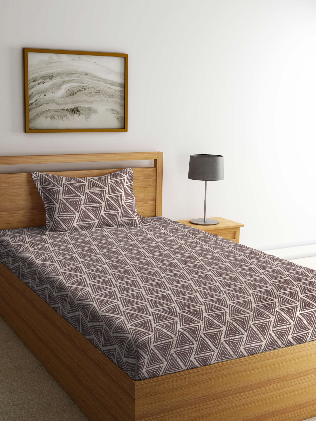 

KLOTTHE Brown Printed 300 TC Fitted Single Bedsheet With 1 Pillow Cover