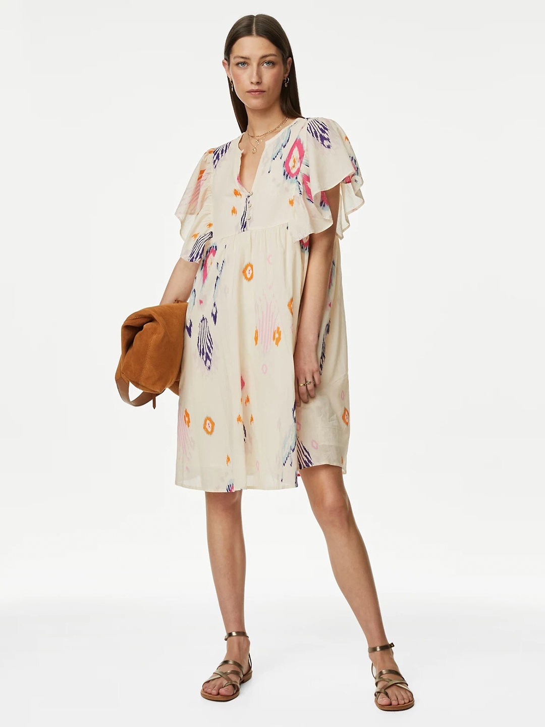 

Marks & Spencer Abstract Printed notched Neck Flared Sleeve Cotton Fit & Flare Dress, Cream