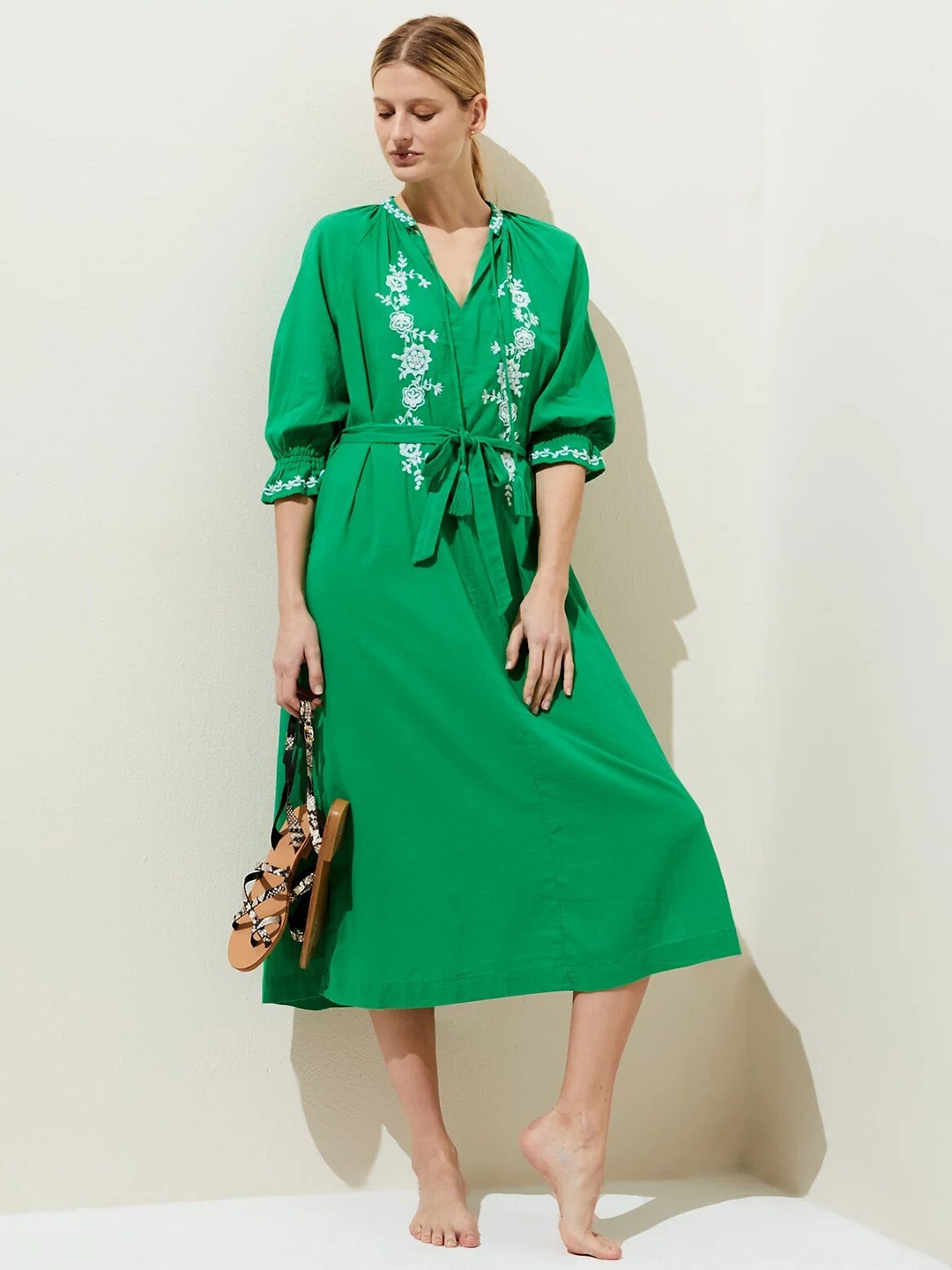 

Marks & Spencer Embroidered Puff Sleeves Belted Cotton A-Line Midi Dress, Green