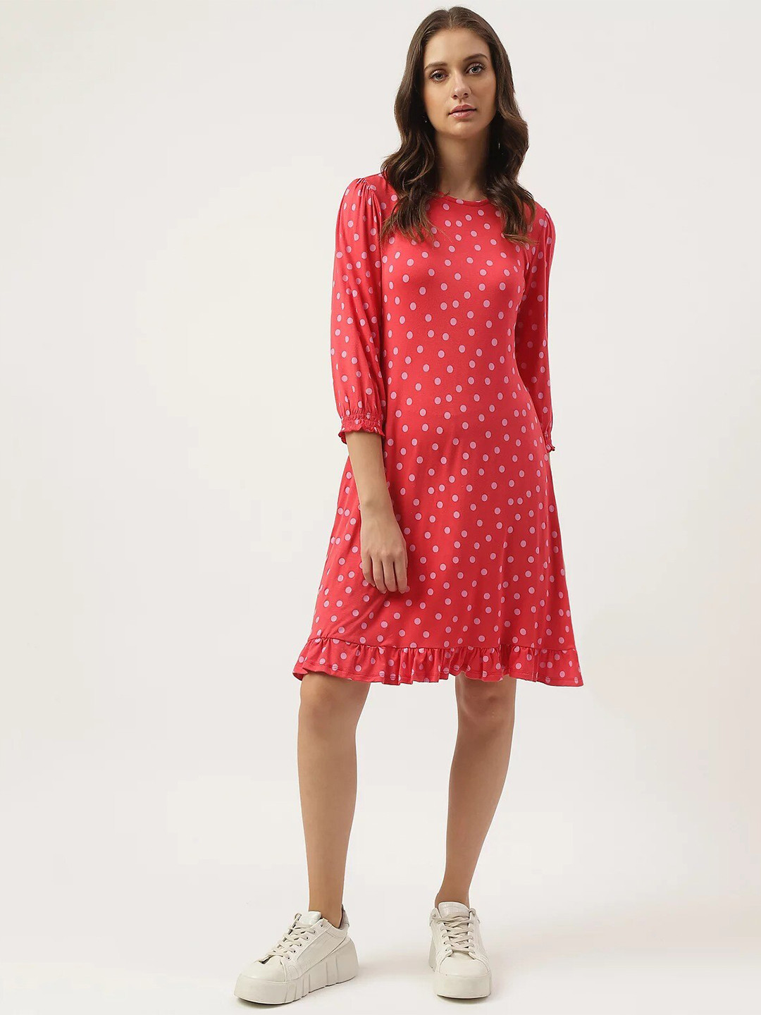 

Marks & Spencer Polka Dot Printed Puff Sleeves A-Line Dress, Red