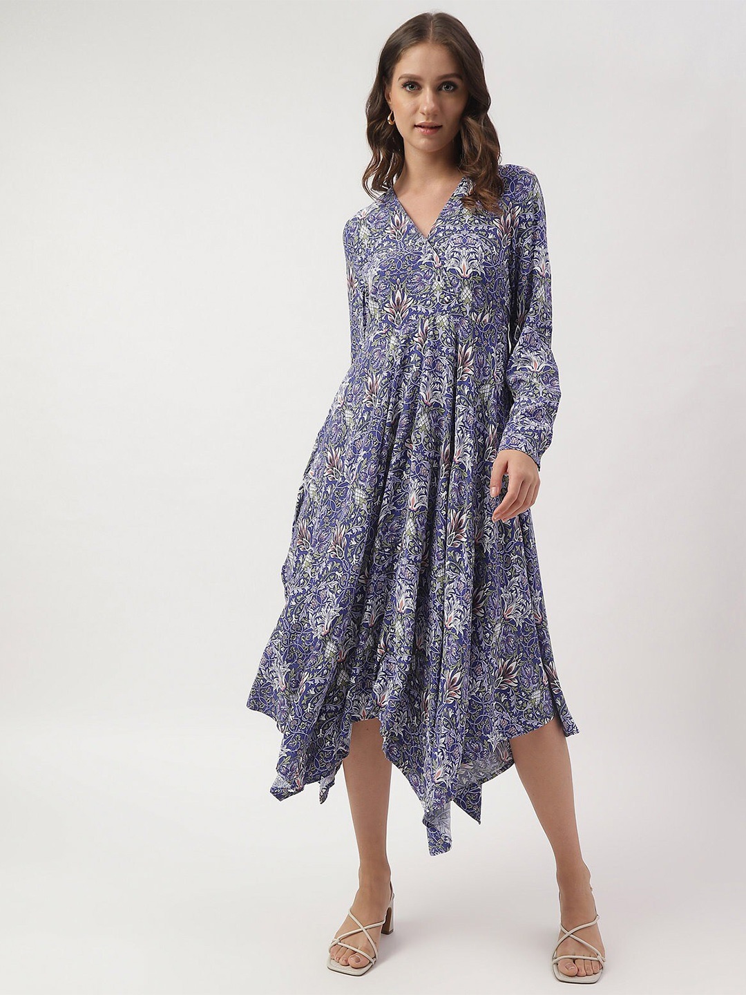 

Marks & Spencer Floral Printed Asymmetric Hem Fit & Flare Midi Dress, Blue