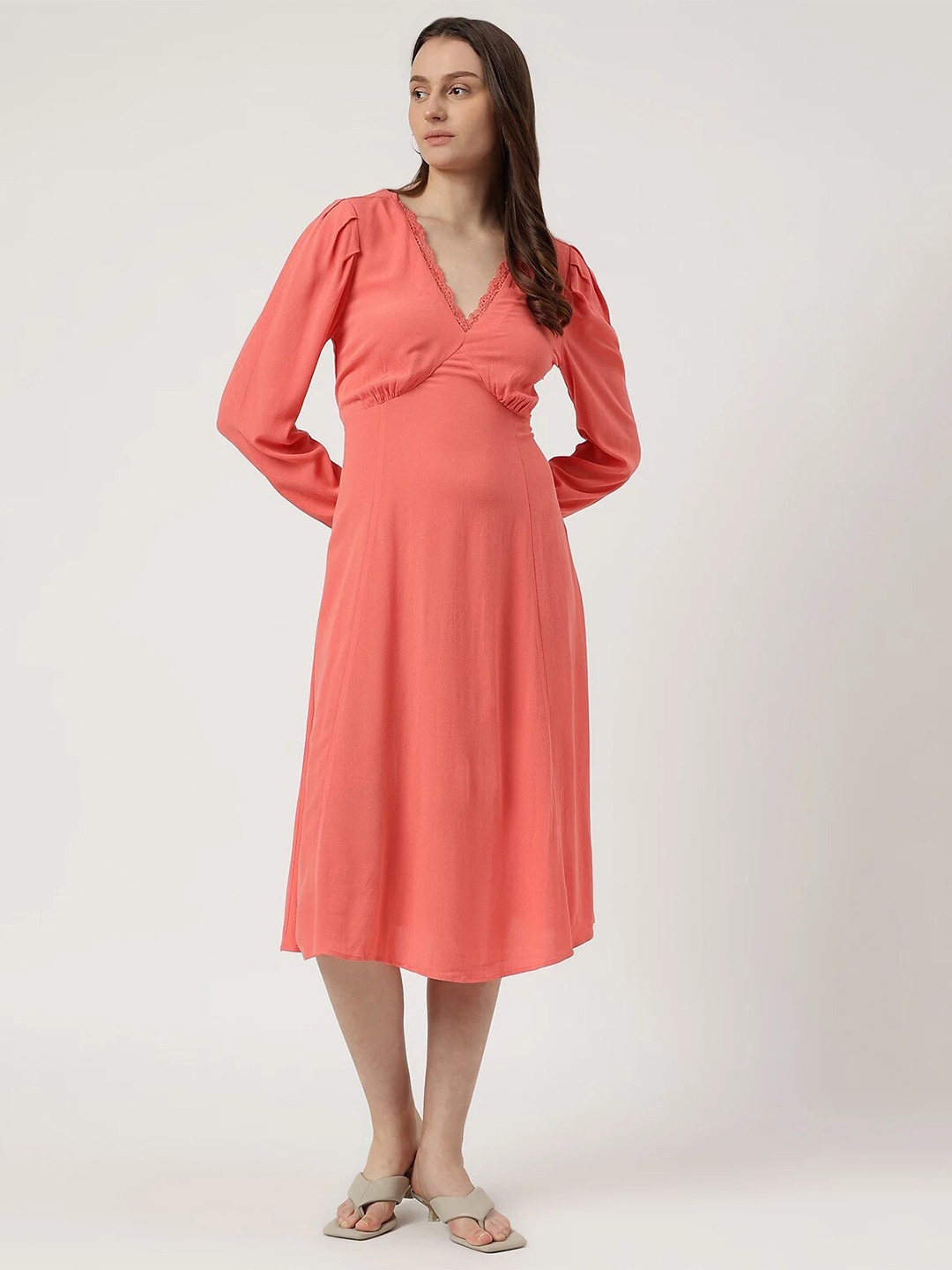 

Marks & Spencer Puff Sleeves Lace V-Neck A-Line Midi Dress, Coral