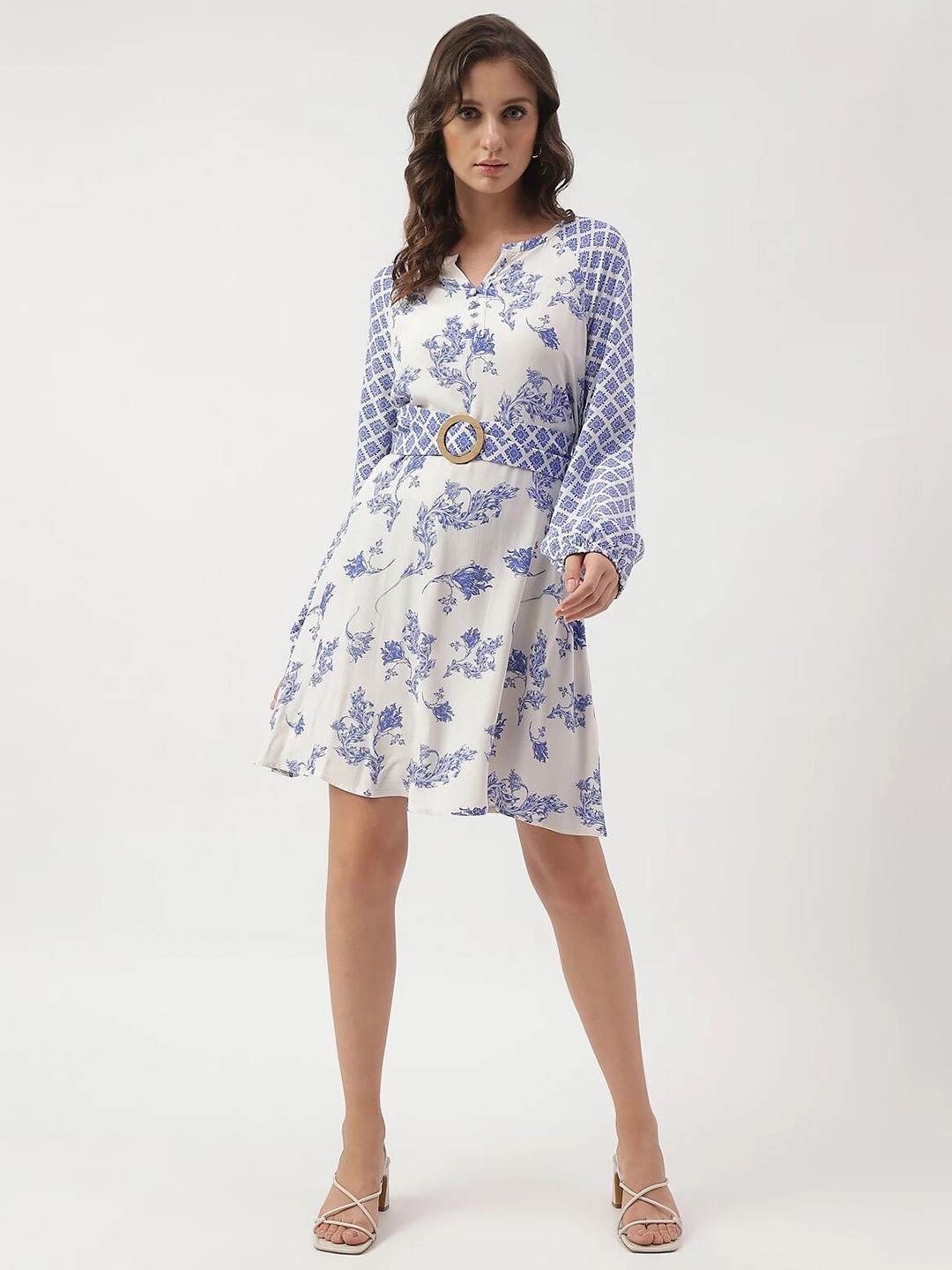 

Marks & Spencer Floral Printed Belted Mandarin Collar A-Line Dress, White