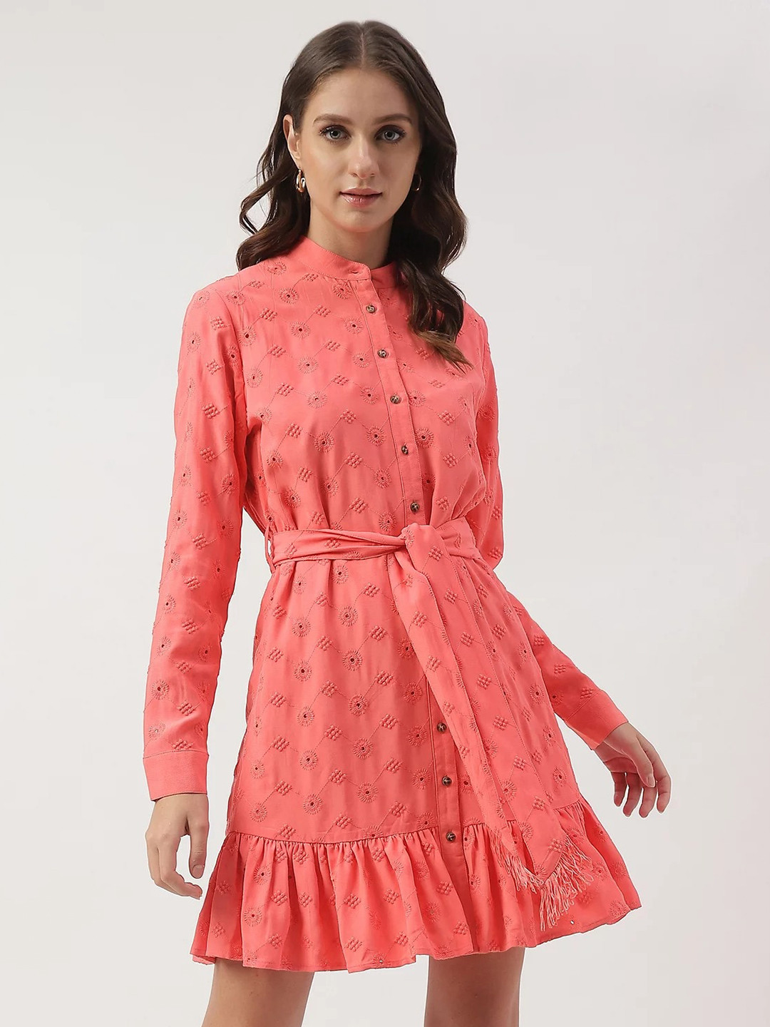 

Marks & Spencer Floral Embroidered Mandarin Collar A-Line Dress With Belt, Coral