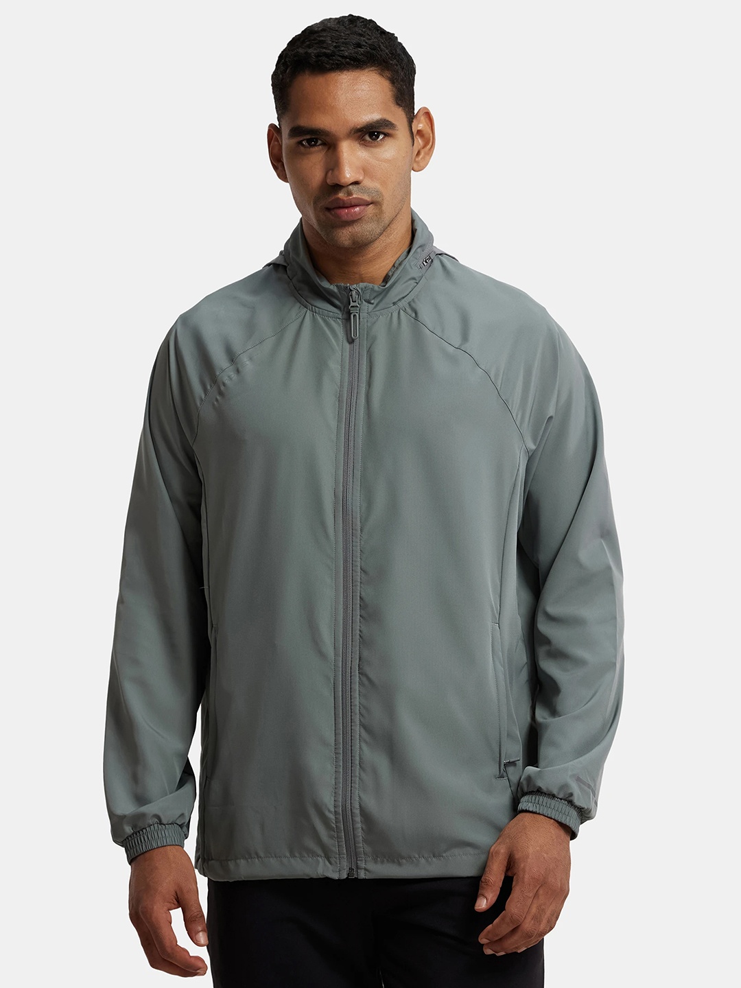 

Jockey Hooded Raglan Sleeves Water Resistant Antimicrobial Running Sporty Jacket, Grey