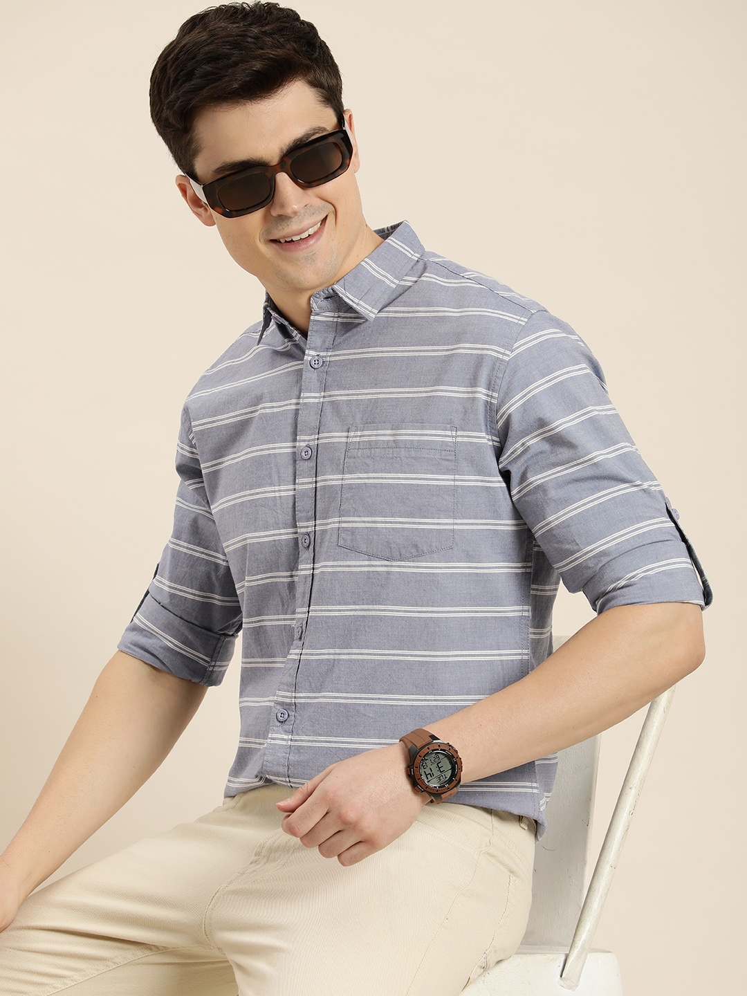 

HERE&NOW Men Slim Fit Horizontal Stripes Casual Shirt, Blue
