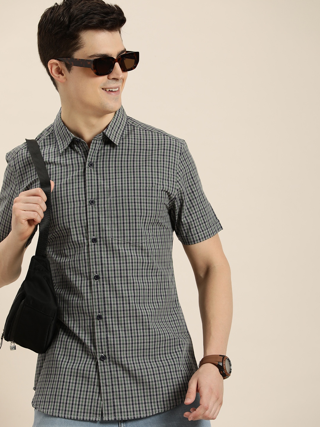 

HERE&NOW Men Slim Fit Gingham Checks Casual Shirt, Green