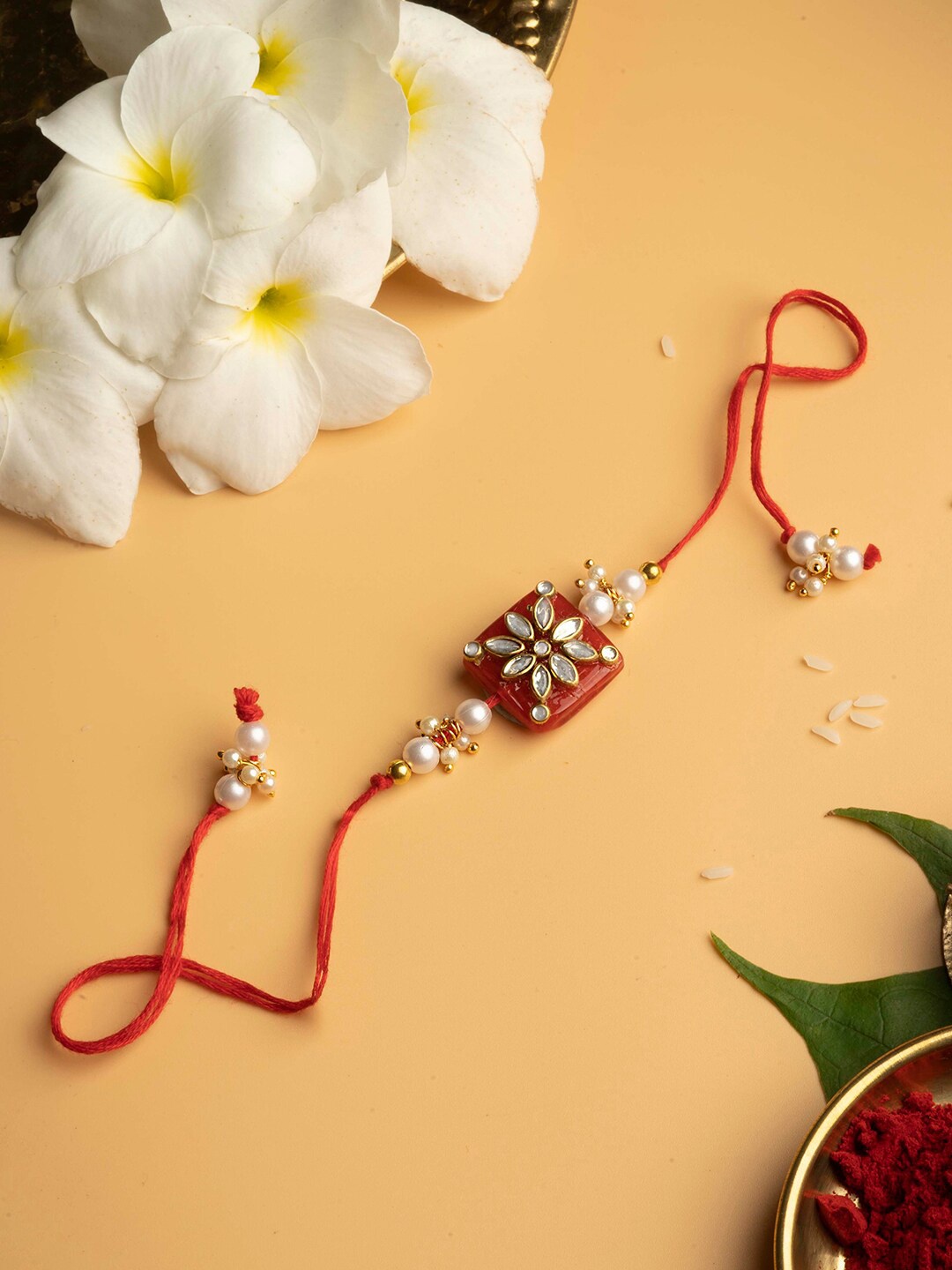

TEEJH Kundan-Studded & Beaded Thread Rakhi, Red