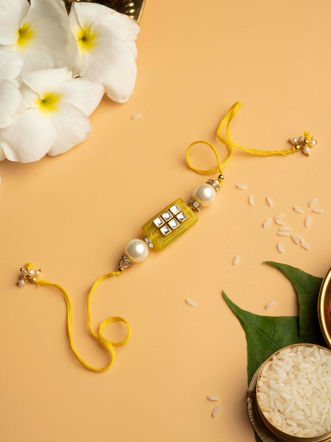 

TEEJH Stone-Studded & Beaded Rectangle Shaped Thread Rakhi, Yellow