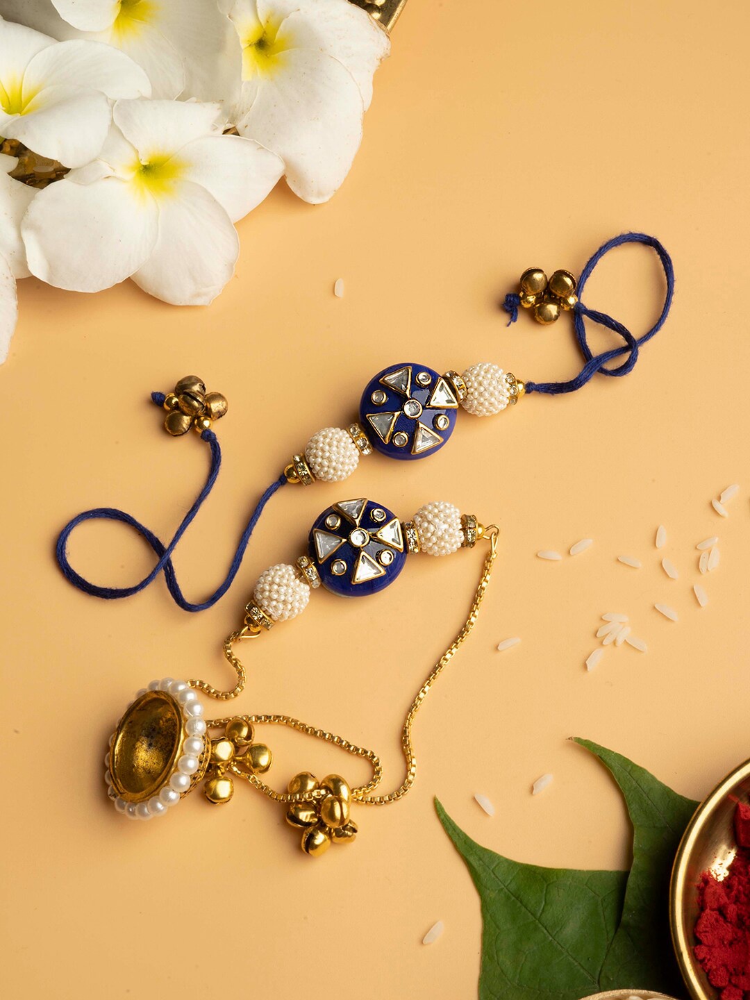 

TEEJH Set Of 2 Kundan-Studded Thread Rakhis, Blue