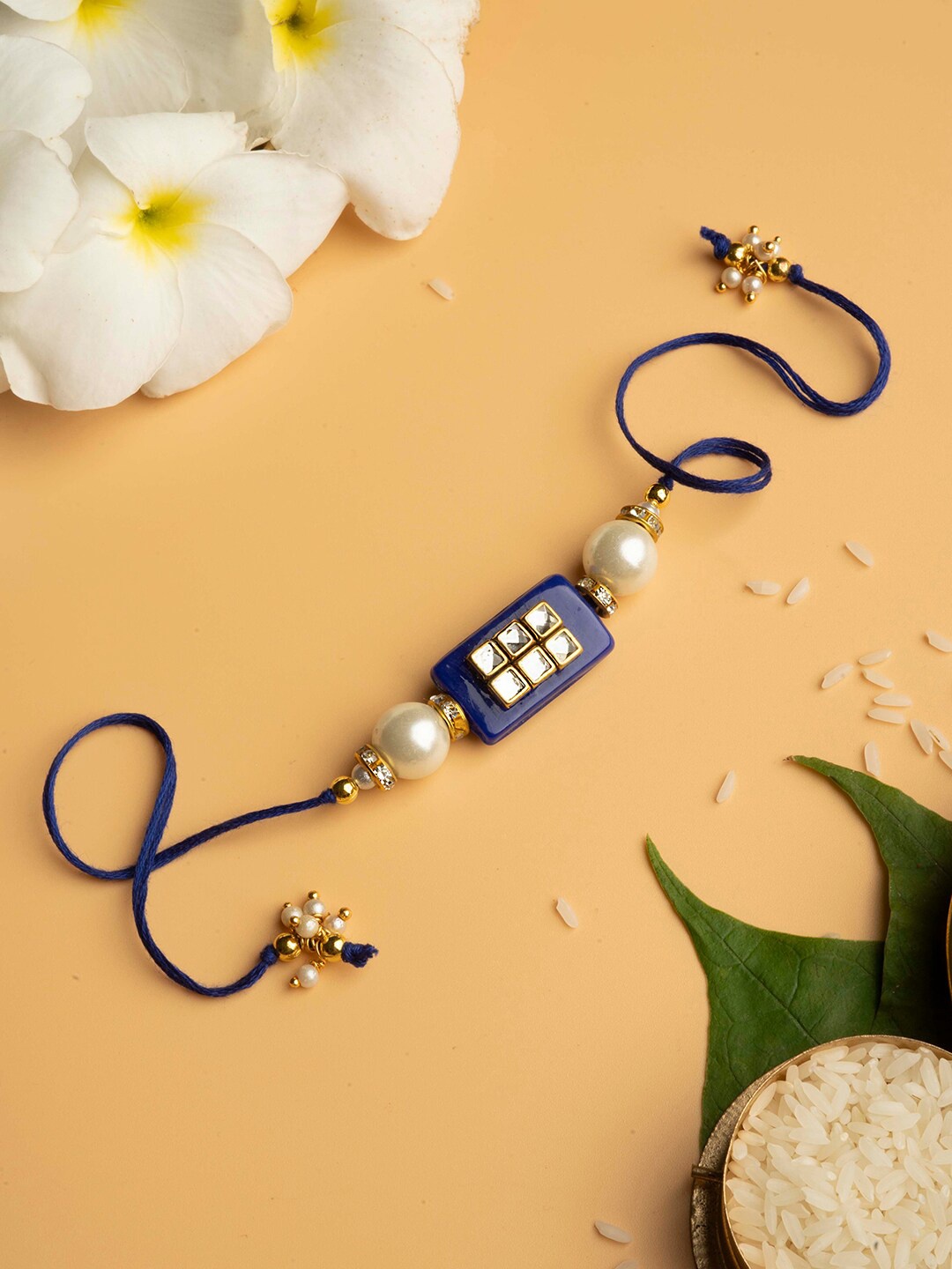 

TEEJH Kundan-Studded & Pearls Beaded Thread Rakhi, Blue