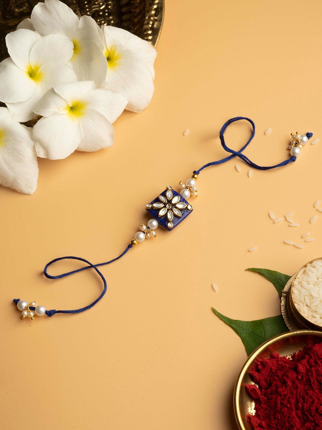 

TEEJH Kundan-Studded & Beaded Thread Rakhi, Blue